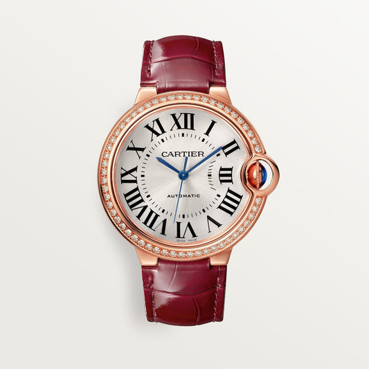 Cartier Ballon Bleu 36 mm Rose Gold Silver Sunray Dial Burgundy  Leather Strap WJBB0034