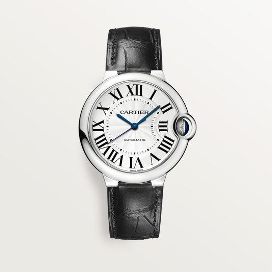 Cartier Ballon Bleu 36 mm Steel Silver Dial Black  Leather Strap WSBB0028