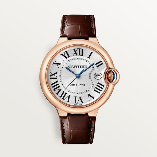 Cartier Ballon Bleu 40 mm 18k Rose Gold Silver Dial Brown  Leather Strap WGBB0035