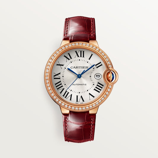 Cartier Ballon Bleu 40 mm 18k Rose Gold Silver Dial Burgundy  Strap WJBB0056