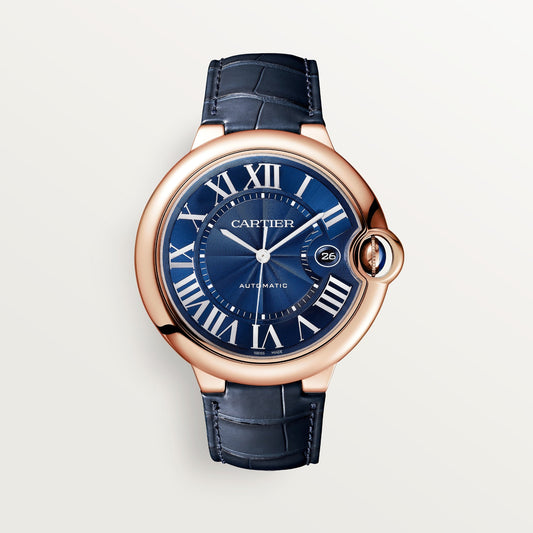 Cartier Ballon Bleu 42 mm 18k Rose Gold Blue Dial Navy Blue Leather Strap WGBB0036