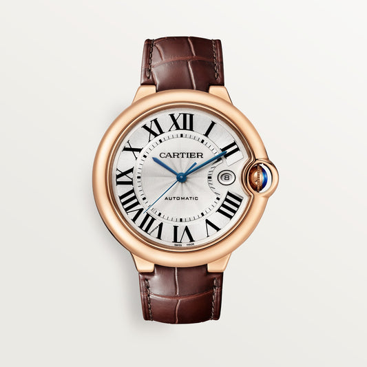Cartier Ballon Bleu 42 mm Rose Gold Silver Dial Brown  Leather Strap WGBB0030