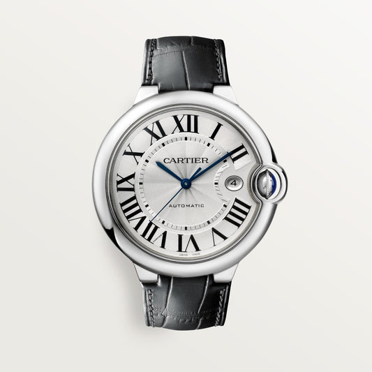 Cartier Ballon Bleu 42 mm Steel Silver Dial Black  Leather Strap WSBB0026