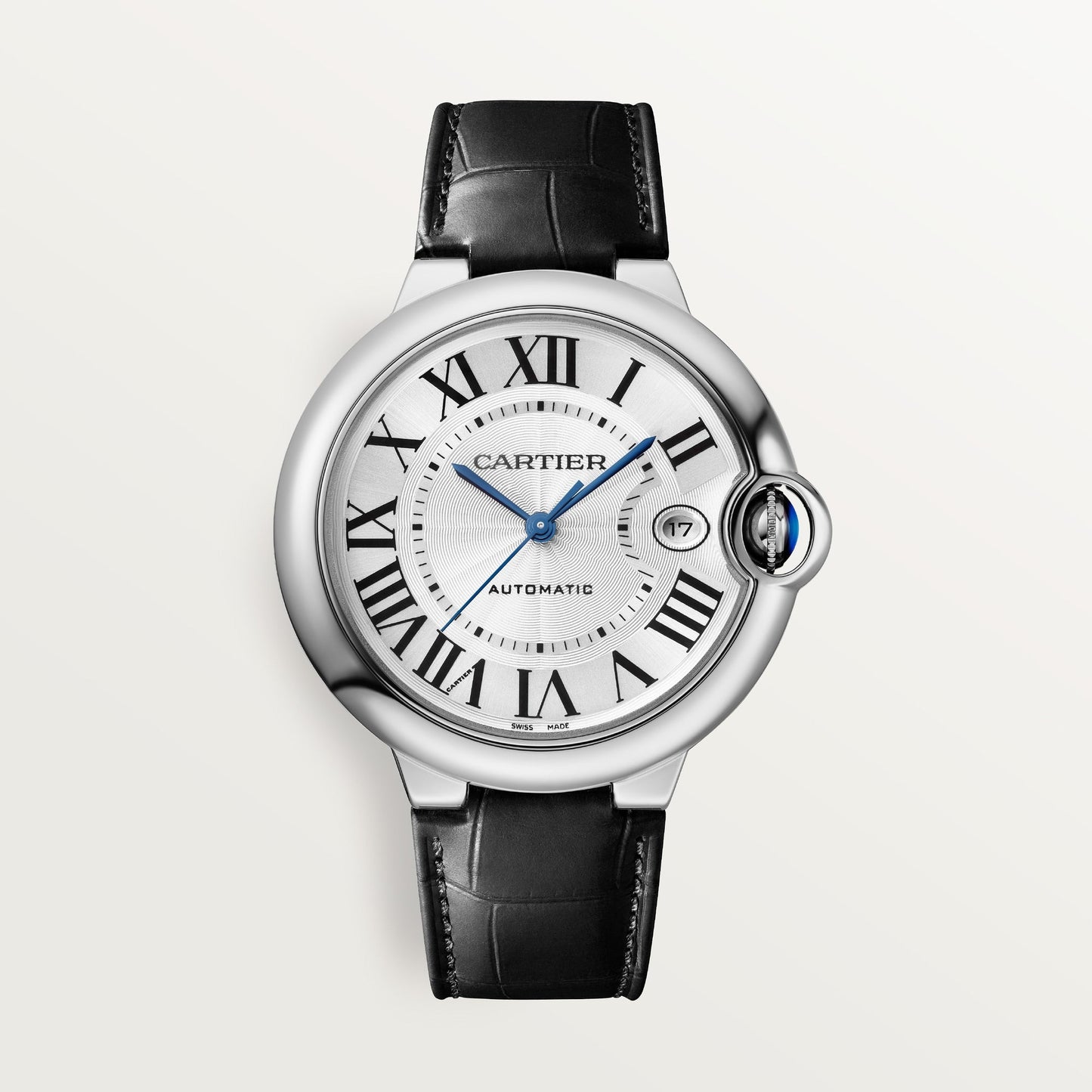 Cartier Ballon Bleu Steel Silver Black  Leather Strap WSBB0039