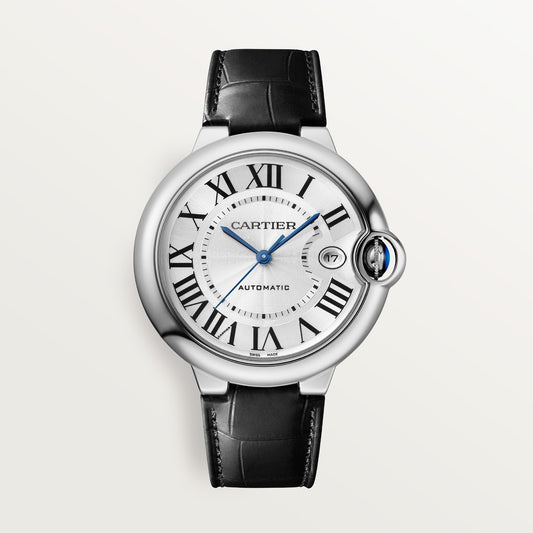 Cartier Ballon Bleu Steel Silver Black  Leather Strap WSBB0039