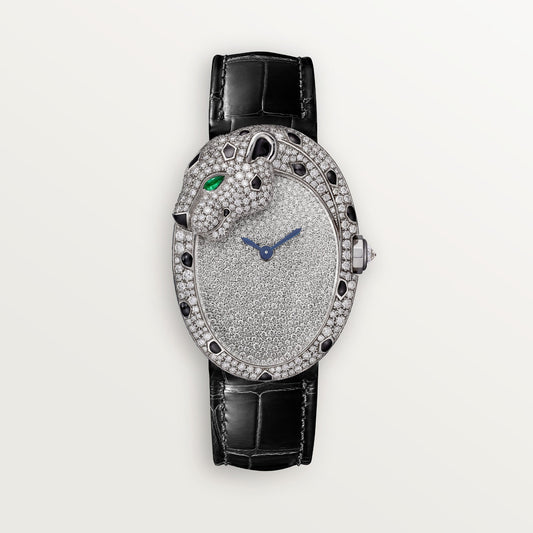 Cartier Panthère White Gold Diamond Dial Shiny Black  Leather Strap HPI01352