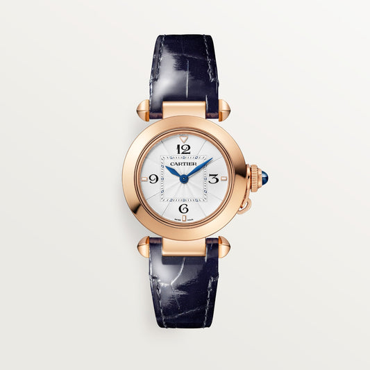 Cartier Pasha 30 mm 18k Rose Gold Opaline Dial Navy Blue  Leather Strap WGPA0018