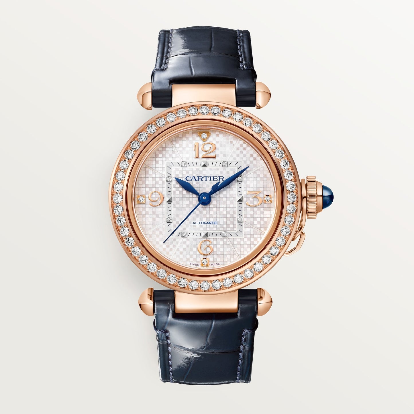 Cartier Pasha 35 mm Rose Gold Silver Dial Blue  Skin Strap WJPA0027