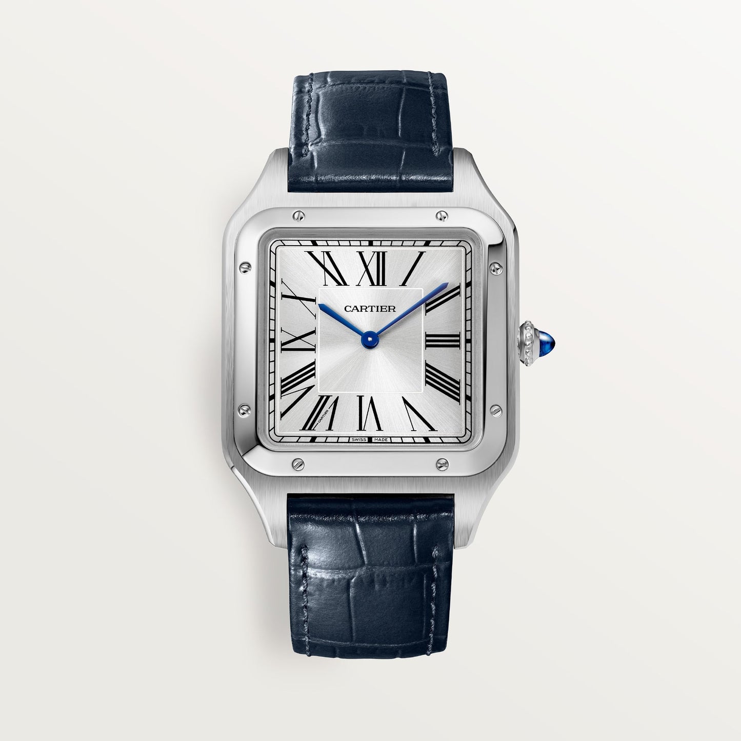 Cartier Santos Extra Large Steel Silver Sunray Dial Navy Blue  Leather Strap WSSA0032