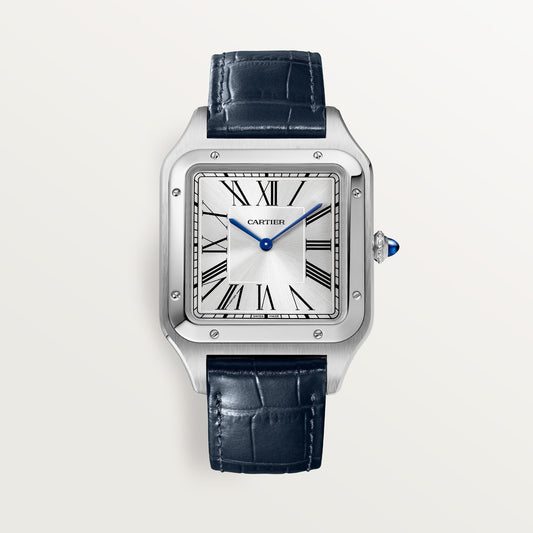 Cartier Santos Extra Large Steel Silver Sunray Dial Navy Blue  Leather Strap WSSA0032