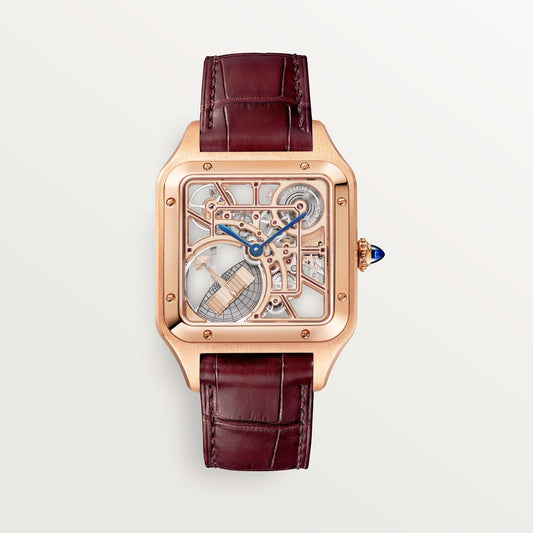 Cartier Santos Large 18k Rose Gold Silver Brown Leather Strap WHSA0030