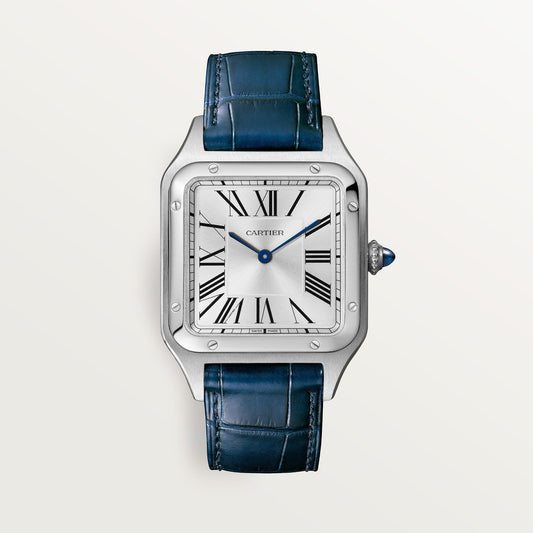 Cartier Santos Large 43.5 mm x 31.4 mm Silver Dial Steel Navy Blue  Leather WSSA0022