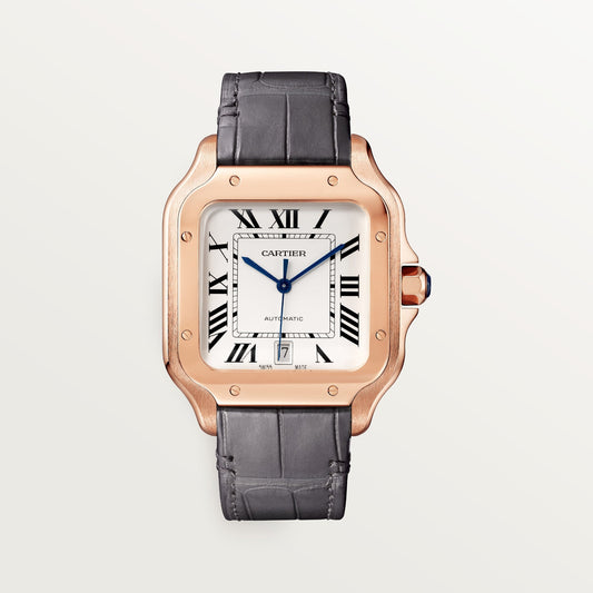 Cartier Santos Large Rose Gold Opaline Silver Dial  Strap WGSA0019