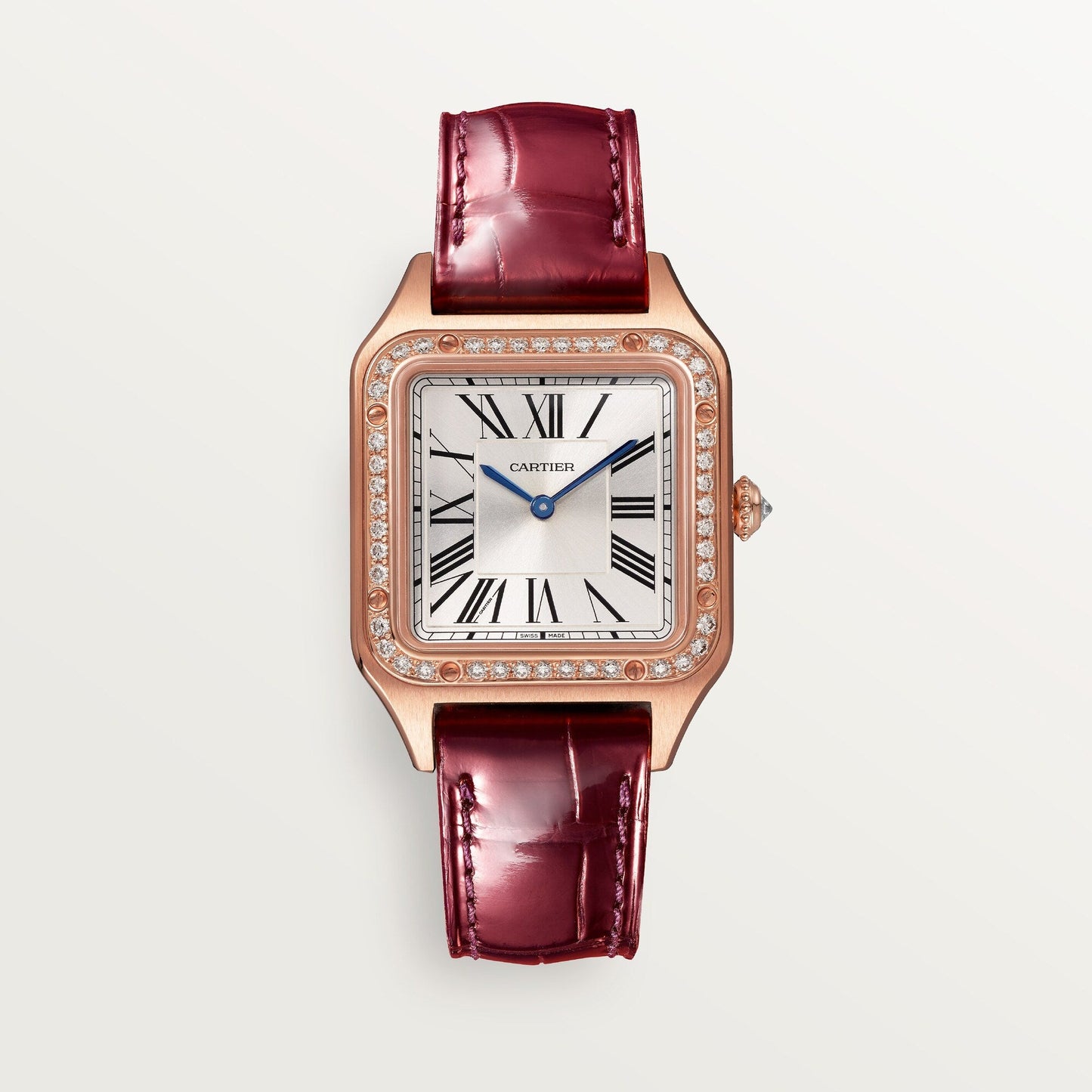 Cartier Santos Small 18k Rose Gold Silver Dial Burgundy Shiny  Leather Strap WJSA0017
