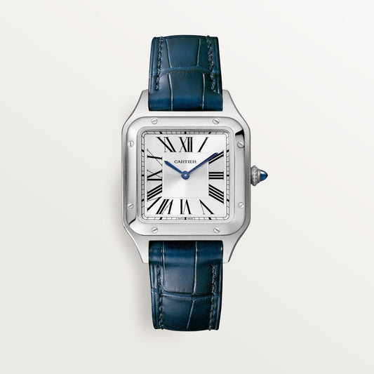 Cartier Santos Small Steel Silver Dial Navy Blue  Leather WSSA0023