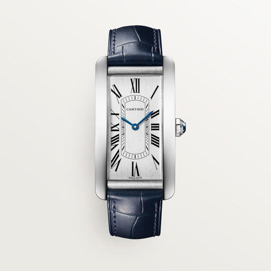 Cartier Tank Américaine Large Steel Silver Dial Navy Blue  Skin Strap WSTA0083