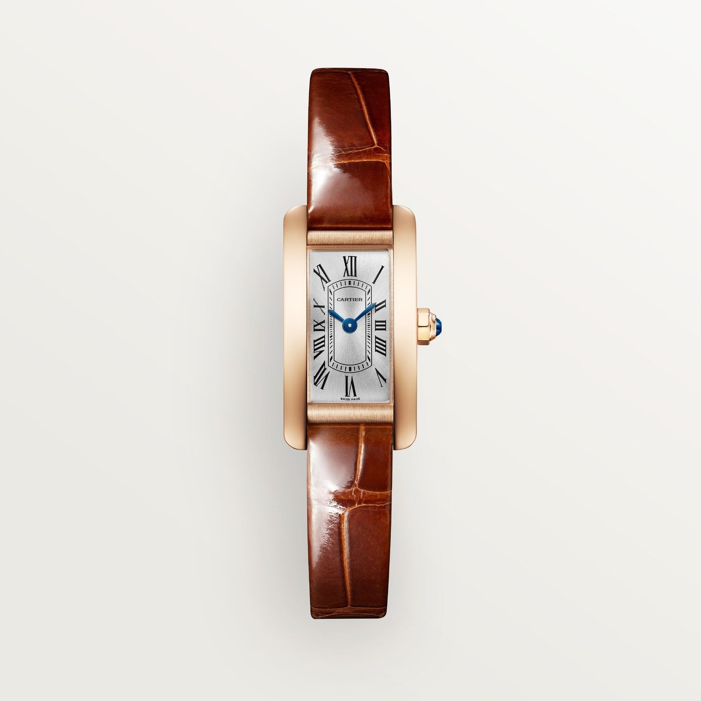 Cartier Tank Américaine Mini 18k Rose Gold Silver Sunray Dial Dark Brown Shiny  Skin Strap WGTA0132