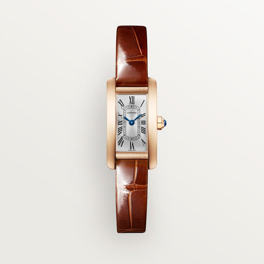 Cartier Tank Américaine Mini 18k Rose Gold Silver Sunray Dial Dark Brown Shiny  Skin Strap WGTA0132