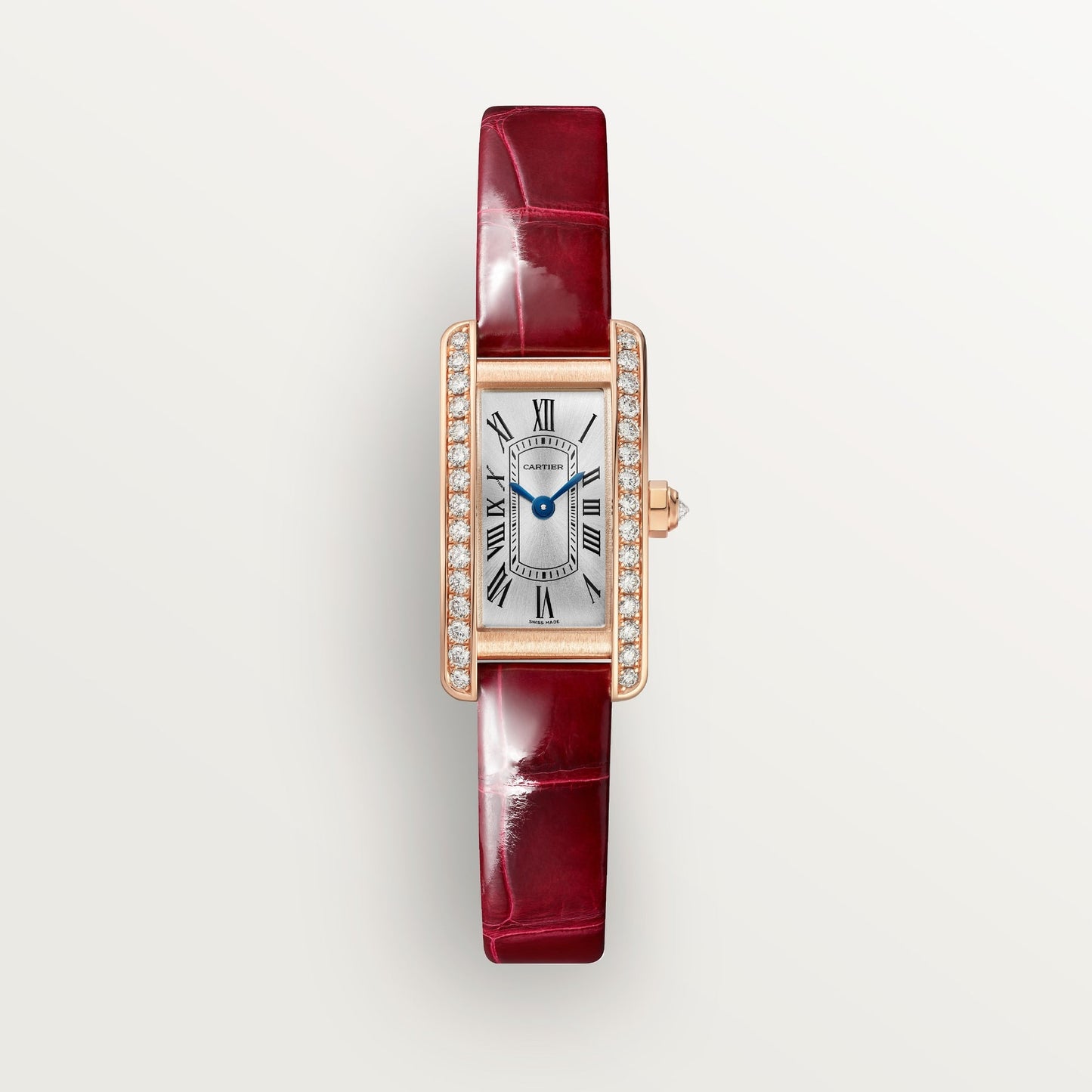 Cartier Tank Américaine Mini 18k Rose Gold Silvered Sunray Dial Shiny Red  Skin Strap WJTA0041