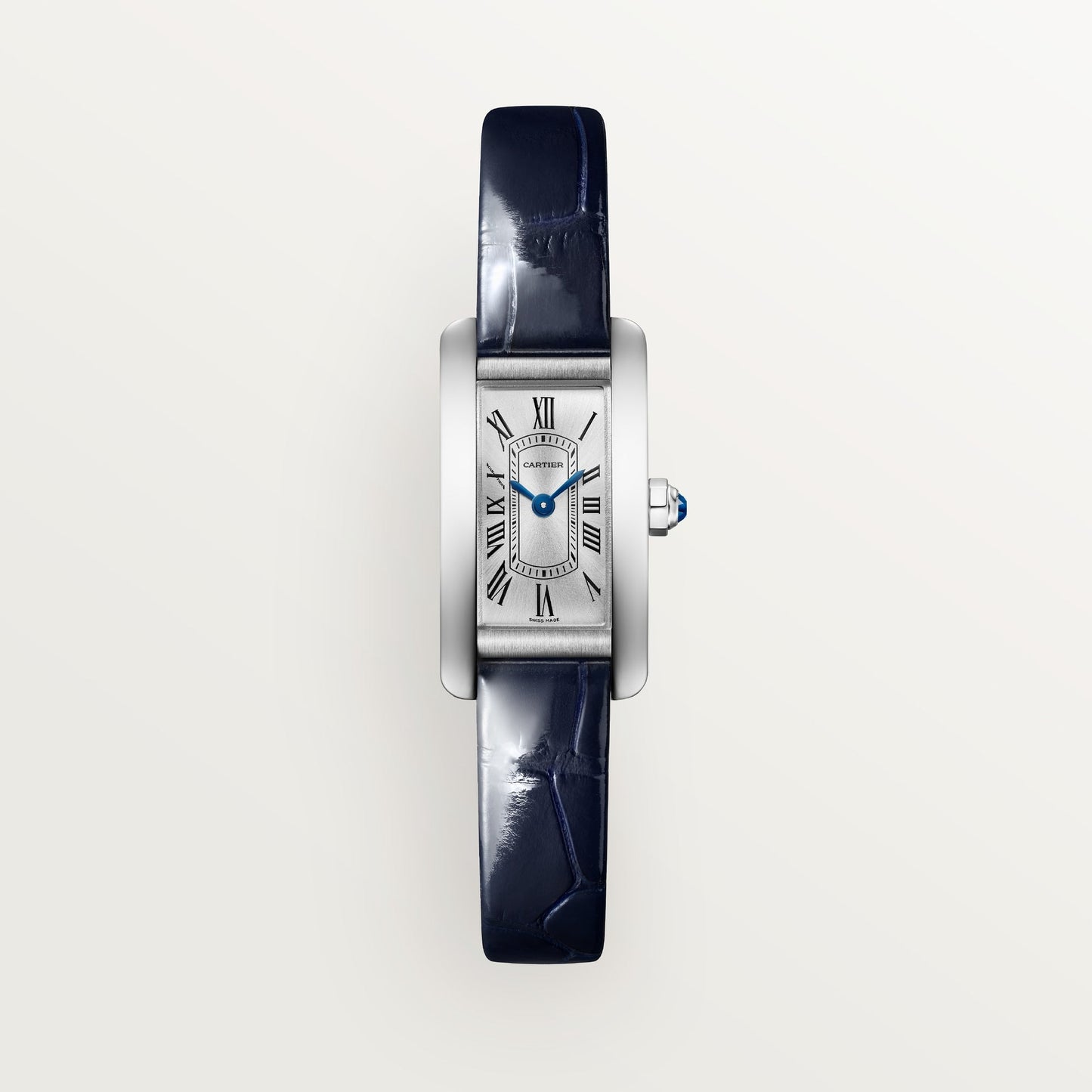 Cartier Tank Américaine Mini Steel Silver Sunray Dial Shiny Blue  Skin Strap WSTA0081