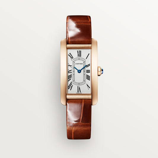 Cartier Tank Américaine  Small 18k Rose Gold Silver Dial Dark Brown Shiny  Skin Strap WGTA0133