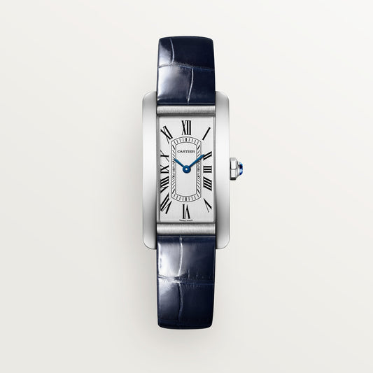 Cartier Tank Américaine Small Steel Silver Dial Shiny Blue  Skin Strap WSTA0082