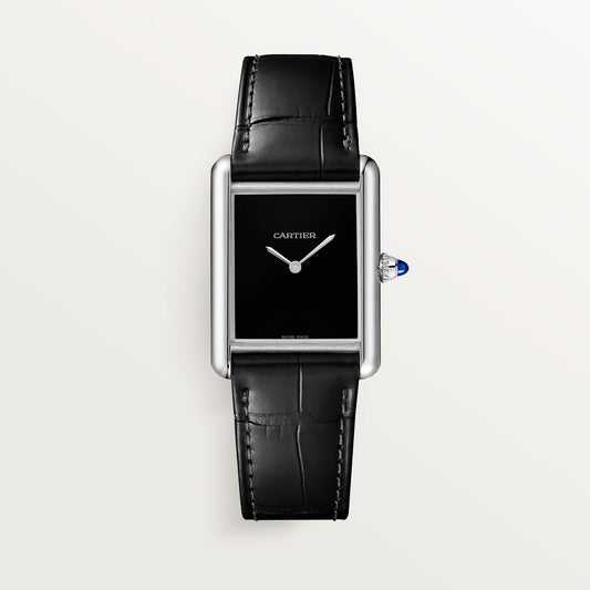 Cartier Tank Must Large Steel Black Lacquered Dial  Leather Strap WSTA0072