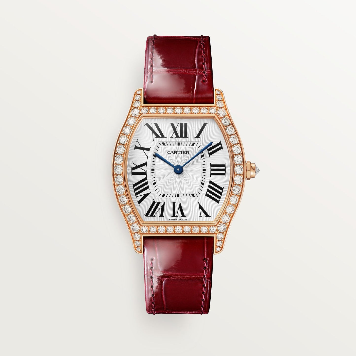 Cartier Tortue Medium Rose Gold Silver Sunray Dial Shiny Bordeaux Leather WJTO0009