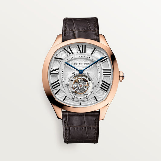 Cartier Tourbillon 47 mm Rose Gold White Dial Brown  Skin Strap WHNM0003