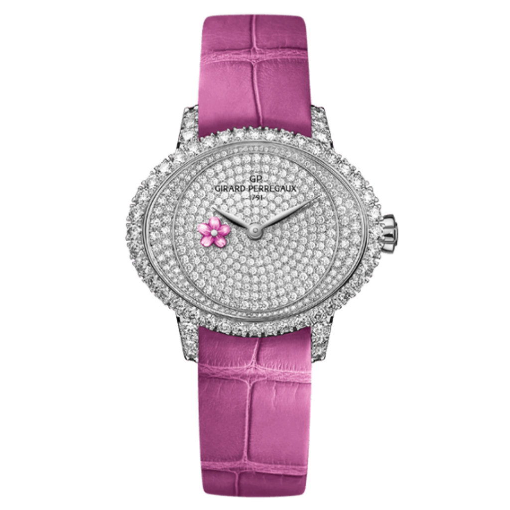 Girard-Perregaux Cat’s Eye Plum Blossom Jewellery 36.90 x 30.75 mm Diamond Paved Dial 18k White Gold   Leather Strap 80498D53M7B1-BKLA