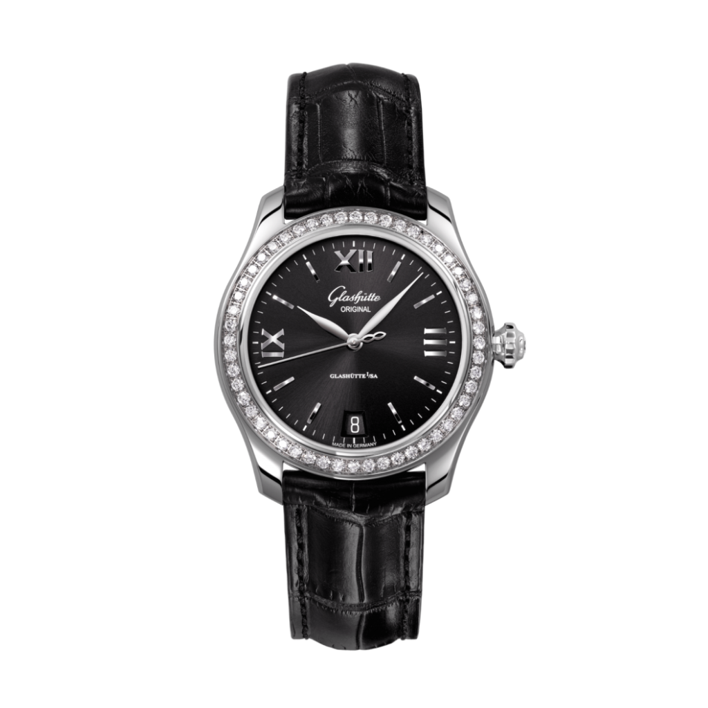 Glashuette Original Lady Serenade 36 mm Galvanized Black Dial Stainless Steel with Diamonds  Louisiana   Leather Strap 1-39-22-20-22-04
