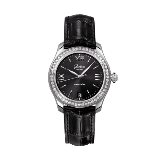 Glashuette Original Lady Serenade 36 mm Galvanized Black Dial Stainless Steel with Diamonds  Louisiana   Leather Strap 1-39-22-20-22-04