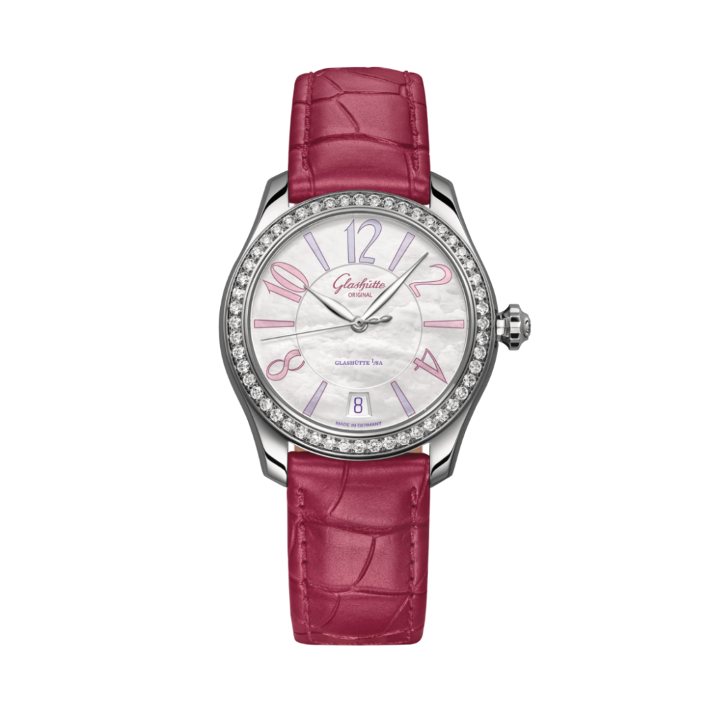 Glashuette Original Lady Serenade 36 mm Mother-Of-Pear White Dial Stainless Steel Louisiana   Leather Strap 1-39-22-22-22-04