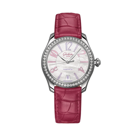 Glashuette Original Lady Serenade 36 mm Mother-Of-Pearl Blue Dial Stainless Steel Louisiana   Leather Strap 1-39-22-22-22-04