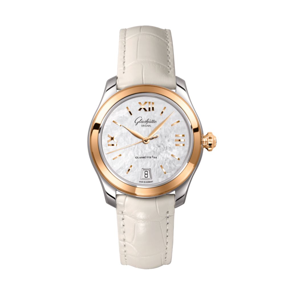Glashuette Original Lady Serenade 36 mm Mother-Of-Pearl Silver Dial Bicolor Louisiana   Leather Strap 1-39-22-09-06-04