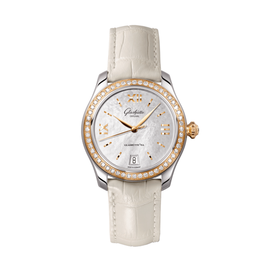 Glashuette Original Lady Serenade 36 mm Mother-Of-Pearl Silver Dial Bicolor Louisiana   Leather Strap 1-39-22-09-16-04
