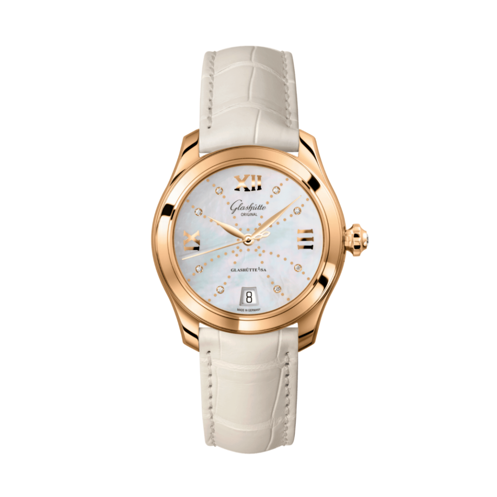 Glashuette Original Lady Serenade 36 mm Mother-Of-Pearl White Dial 18k Rose Gold Louisiana   leather strap 1-39-22-12-01-04