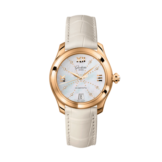 Glashuette Original Lady Serenade 36 mm Mother-Of-Pearl White Dial 18k Rose Gold Louisiana   leather strap 1-39-22-12-01-04