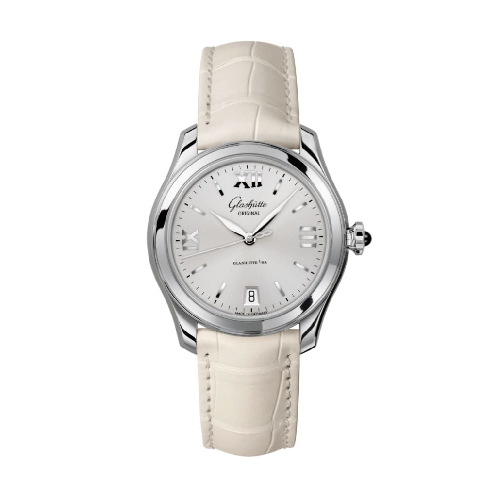 Glashuette Original Lady Serenade 36 mm Silver Galvanized Dial Stainless Steel Louisiana   Leather Strap 1-39-22-02-02-04