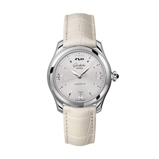 Glashuette Original Lady Serenade 36 mm Silver Galvanized Dial Stainless Steel Louisiana   Leather Strap 1-39-22-02-02-04