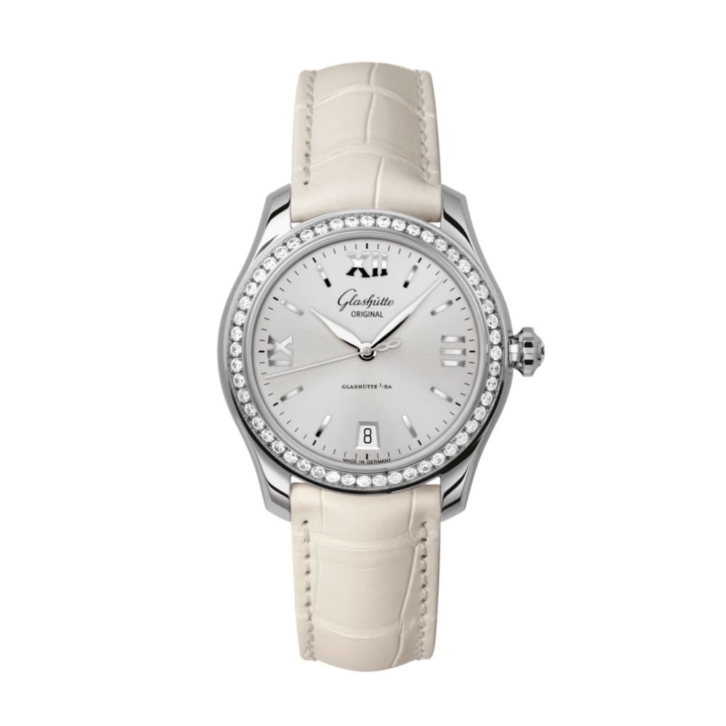 Glashuette Original Lady Serenade 36 mm Silver Galvanized Dial Stainless Steel with Diamonds  Louisiana   Leather Strap 1-39-22-02-22-04