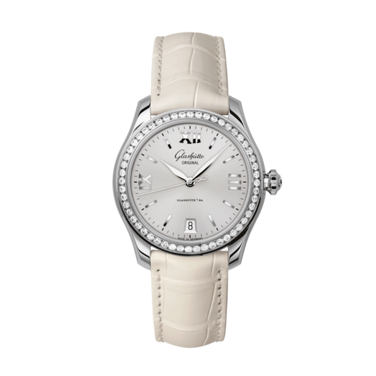Glashuette Original Lady Serenade 36 mm Silver Galvanized Dial Stainless Steel with Diamonds  Louisiana   Leather Strap 1-39-22-02-22-04