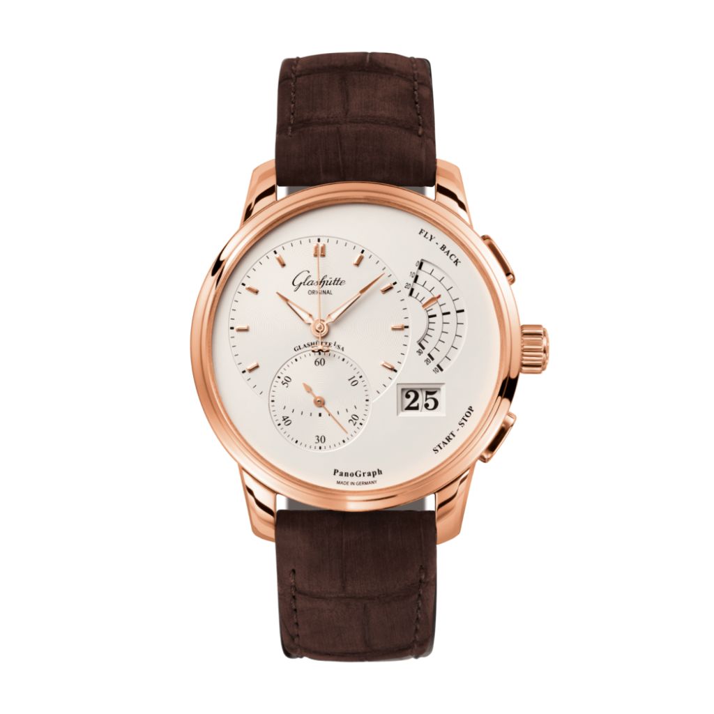Glashuette Original Pano Graph 40 mm Silver  Dial Red Gold Louisiana   Nubuk Leather Strap, Brown 1-61-03-25-15-05