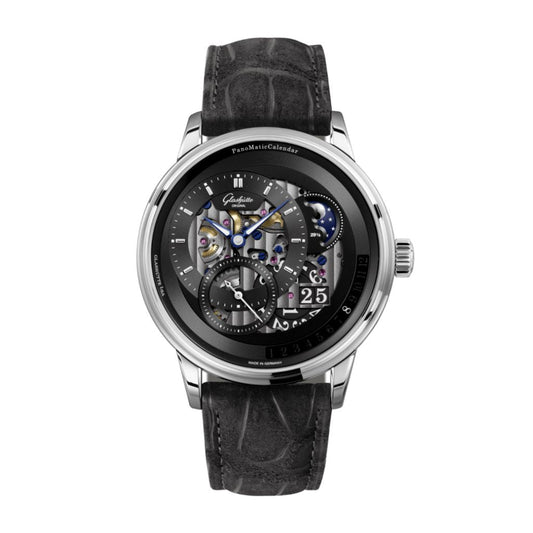 Glashuette Original Pano Matic Calendar 42 mm Black Dial Platinum Louisiana   Nubuk Leather Strap, Black 1-92-10-01-03-62