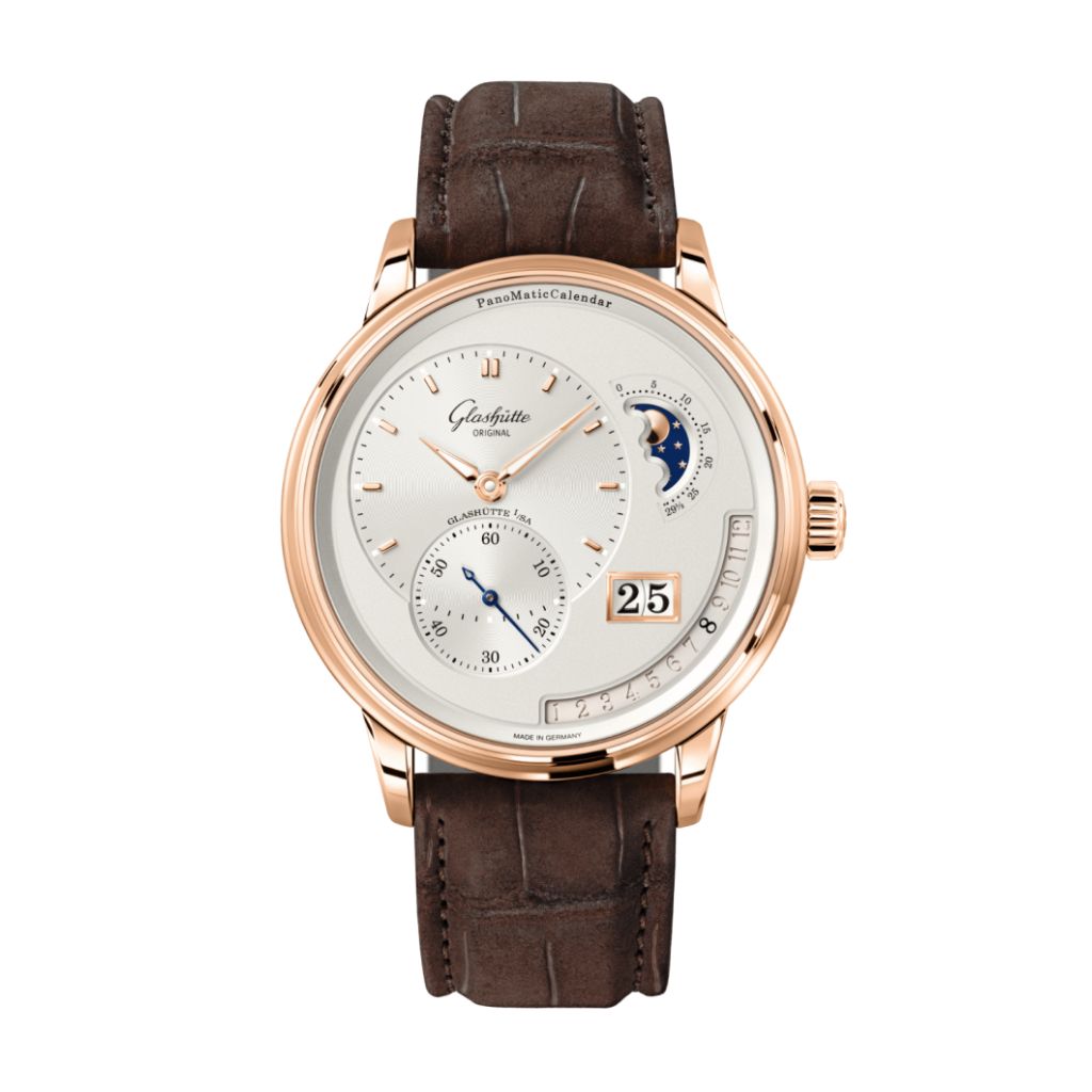 Glashuette Original Pano Matic Calendar 42 mm Silver  Dial Red Gold Louisiana   Nubuk Leather Strap, Brown 1-92-09-02-05-62