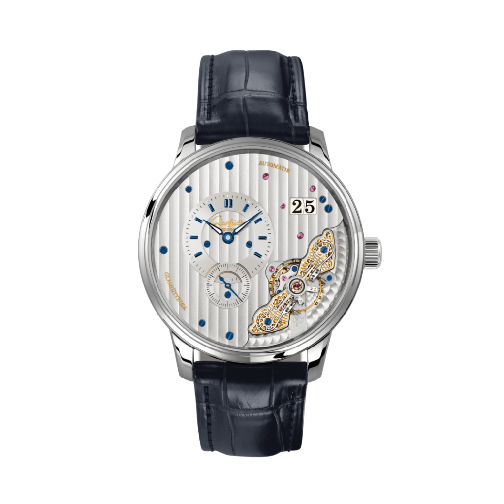 Glashuette Original Pano Matic Inverse 42 mm Silver Dial Stainless Steel Louisiana   Leather Strap, Blue 1-91-02-02-02-61