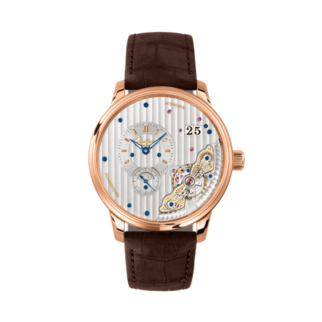 Glashuette Original Pano Matic Inverse 42 mm White Dial Red Gold Louisiana   Nubuk Leather Strap, Brown 1-91-02-01-05-62