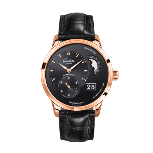 Glashuette Original Pano Matic Lunar 40 mm Black Dial Red Gold Louisiana   Leather Strap, Black 1-90-02-49-35-61