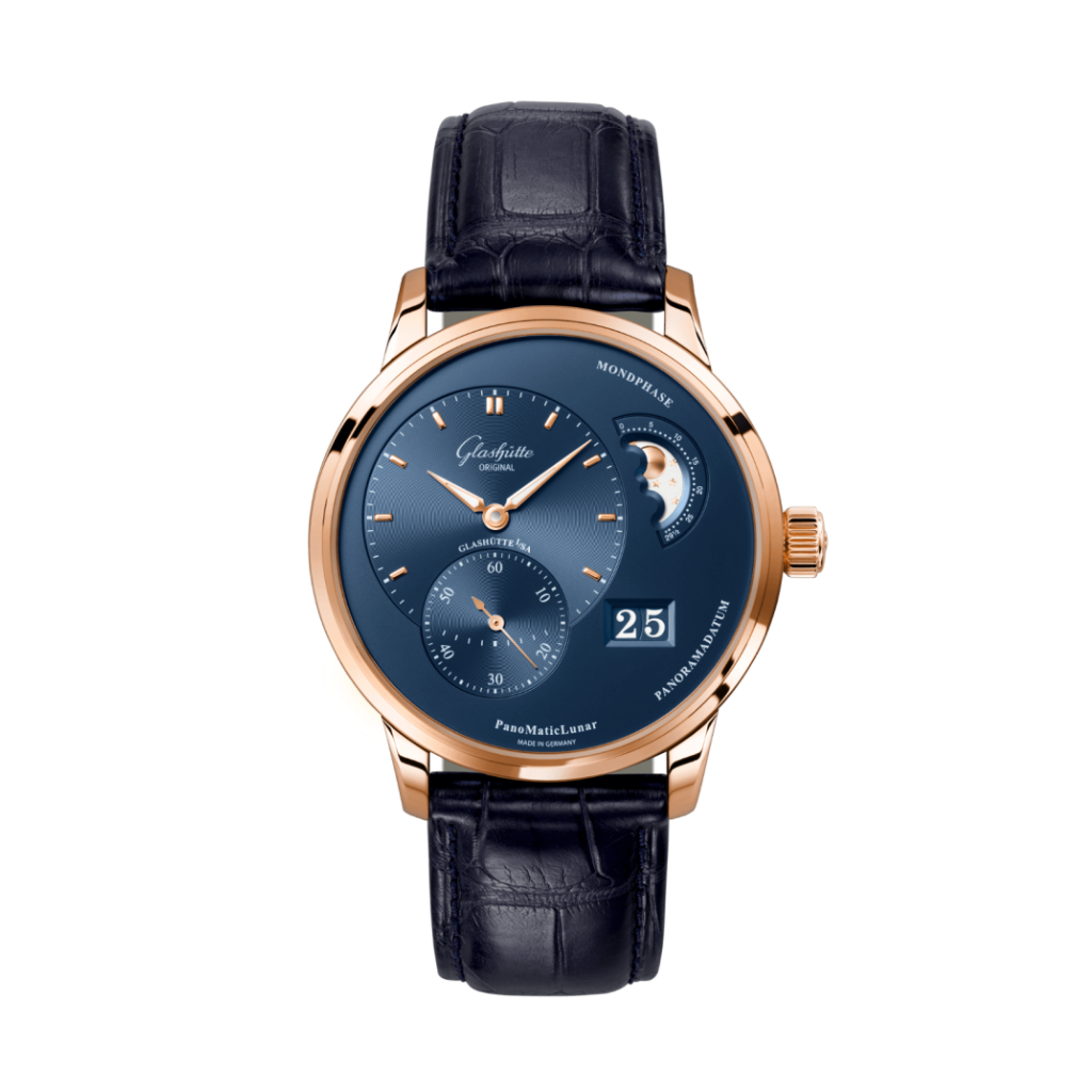 Glashuette Original Pano Matic Lunar 40 mm Blue Dial Red Gold Louisiana   Leather Strap, Blue 1-90-02-11-35-61