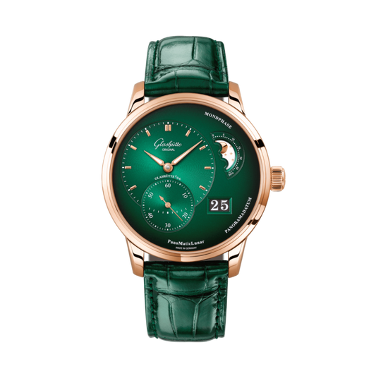 Glashuette Original Pano Matic Lunar 40 mm Green Dial Red Gold Louisiana   Leather Strap, Green 1-90-02-23-35-61